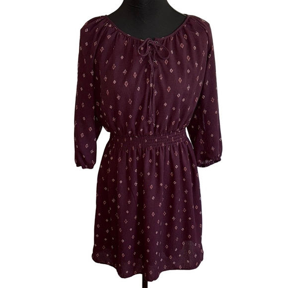 Maurices Dresses & Skirts - Maurices Burgundy Boho Peasant Mini Dress Tie Neck Size M